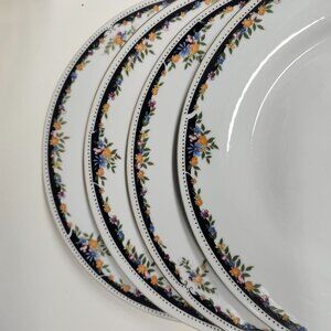 4- Fine China 10" Dinner Plates Black Floral Rim Porcelain